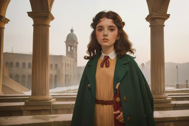 1961, Italy. Pre-raphaelite ((10-year-old)) girl, homeless, short curly messy hair, oversized coat, in an anphitheatre, ruins, ((((unkempt clothing from the 1960s)))), (((hairstyle of the 1960s))), ((Wes Anderson cinematic style)), colorful