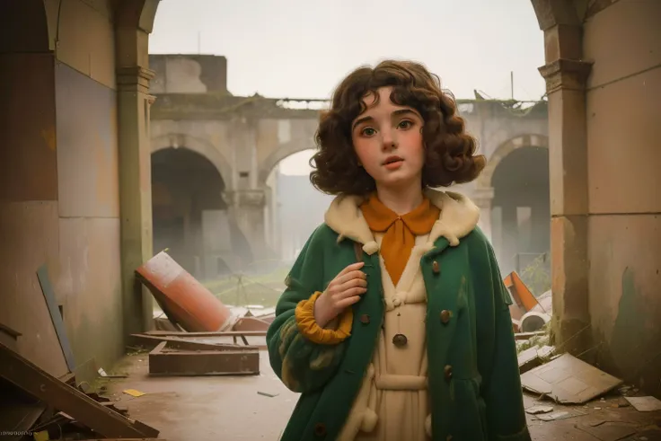 1965, Italy. Pre-raphaelite ((((10-year-old)) Momo)), homeless girl, messy short curly hair, oversized coat, ((happiness expression)), in an anphitheatre, ruins, ((((big and unkempt Clothing from the 1960s)))), ((curly Hairstyle of the 1960s)), ((Wes Ander...