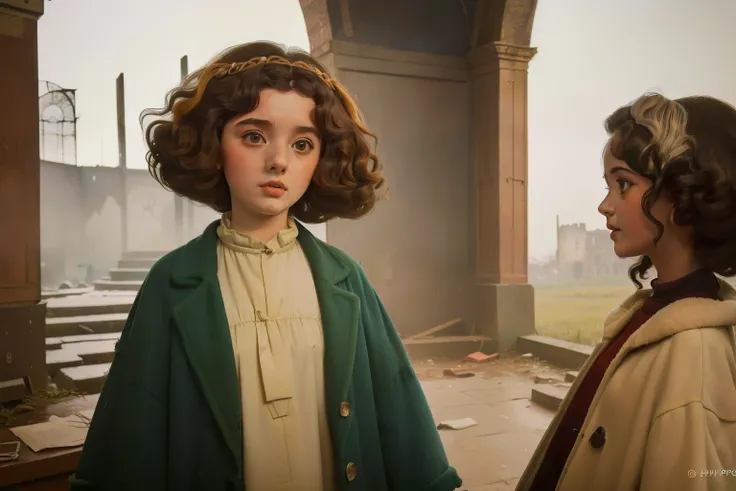 1965, Italy. Pre-raphaelite ((((10-year-old)) Momo)), homeless girl, messy short curly hair, oversized coat, ((happiness expression)), in an anphitheatre, ruins, ((((big and unkempt Clothing from the 1960s)))), ((curly Hairstyle of the 1960s)), ((Wes Ander...