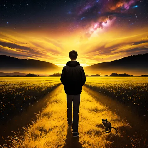 Yellow landscape, red starlight, boy and black cat and universe