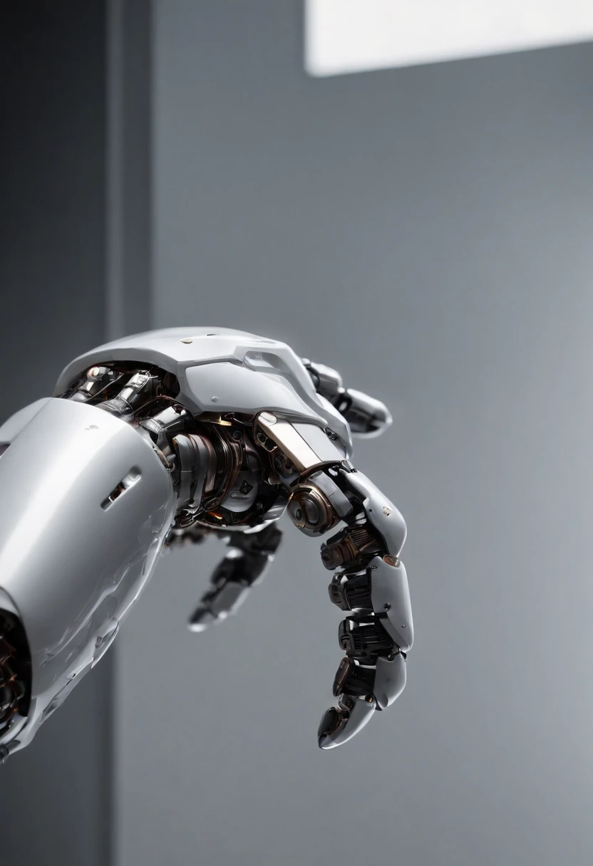 Visualize a captivating image where the subject is a beautiful robotic hand, captured with an exquisite focus on intricate details and a shallow depth of field. Dive into extreme micro-details to emphasize the mechanical intricacies, sleek surfaces, and fu...