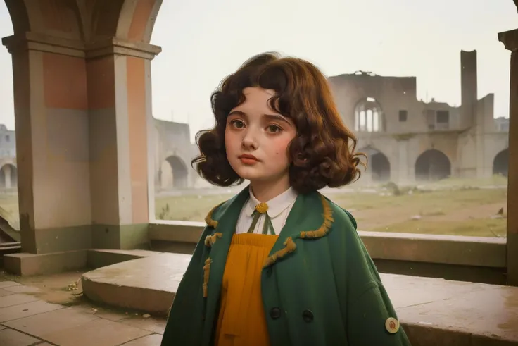 1965, Italy. Pre-raphaelite ((((10-year-old)) Momo)), homeless girl, messy short curly hair, oversized coat, ((happiness expression)), in an anphitheatre, ruins, ((((big and unkempt Clothing from the 1960s)))), ((curly Hairstyle of the 1960s)), ((Wes Ander...