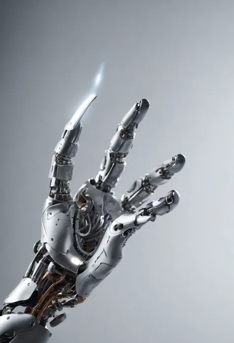 Visualize a captivating image where the subject is a beautiful robotic hand, captured with an exquisite focus on intricate details and a shallow depth of field. Dive into extreme micro-details to emphasize the mechanical intricacies, sleek surfaces, and fu...