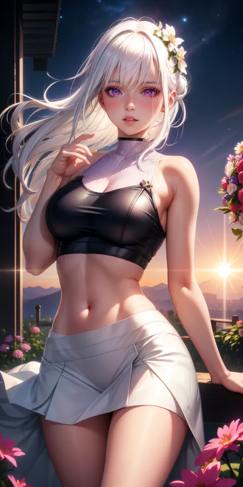 realistic, 1girl, white hair, purple eyes, glowing eyes, crop top, skirt, parted lips, blush, night, flowers, sun, sunlight, hot...