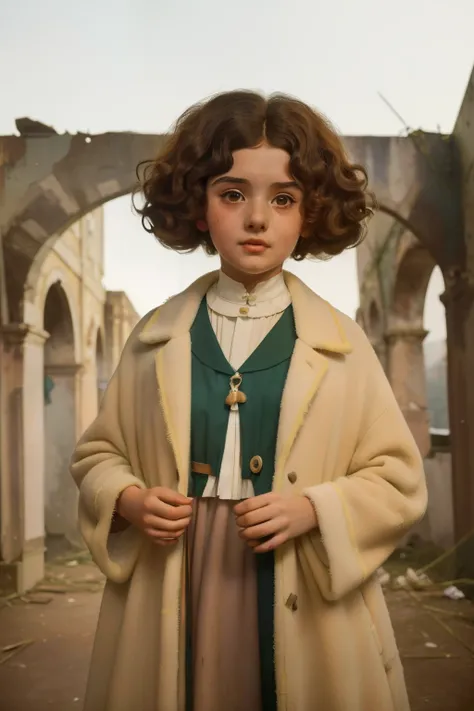 1965, Italy. Pre-raphaelite ((((10-year-old)) Momo)), homeless girl, messy short curly hair, oversized coat, ((happiness expression)), in an anphitheatre, ruins, ((((big and unkempt Clothing from the 1960s)))), ((curly Hairstyle of the 1960s)), ((Wes Ander...