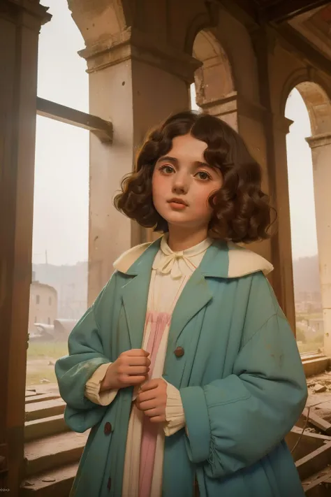 1965, Italy. Pre-raphaelite ((((10-year-old)) Momo)), homeless girl, messy short curly hair, oversized coat, ((happiness expression)), in an anphitheatre, ruins, ((((big and unkempt Clothing from the 1960s)))), ((curly Hairstyle of the 1960s)), ((Wes Ander...