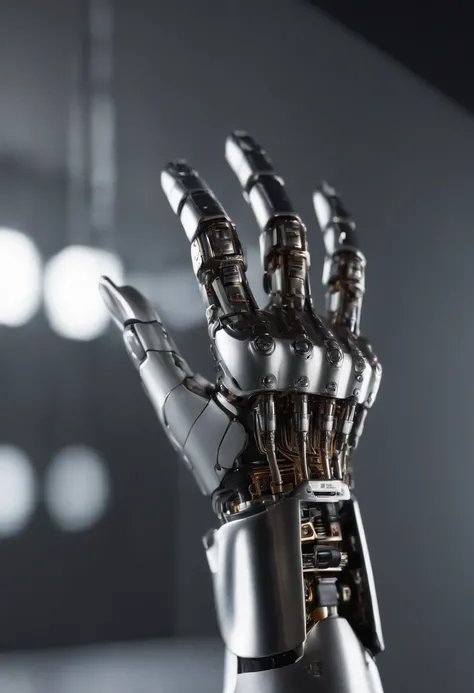 Visualize a captivating image where the subject is a beautiful robotic hand, captured with an exquisite focus on intricate details and a shallow depth of field. Dive into extreme micro-details to emphasize the mechanical intricacies, sleek surfaces, and fu...