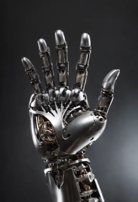 Visualize a captivating image where the subject is a beautiful robotic hand, captured with an exquisite focus on intricate details and a shallow depth of field. Dive into extreme micro-details to emphasize the mechanical intricacies, sleek surfaces, and fu...