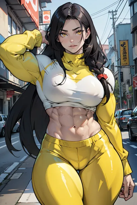 girl ((((muscular 1girl)))) ((((thick thighs toned body)))) (pale skin) black hair yellow eyes very long hair long sleeve tight t-shirt tight pants (straight hair)