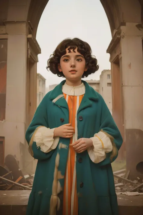 1965, Italy. Pre-raphaelite ((((10-year-old)) Momo)), homeless girl, messy short curly hair, oversized coat, ((happiness expression)), in an anphitheatre, ruins, ((((big and unkempt Clothing from the 1960s)))), ((curly Hairstyle of the 1960s)), ((Wes Ander...