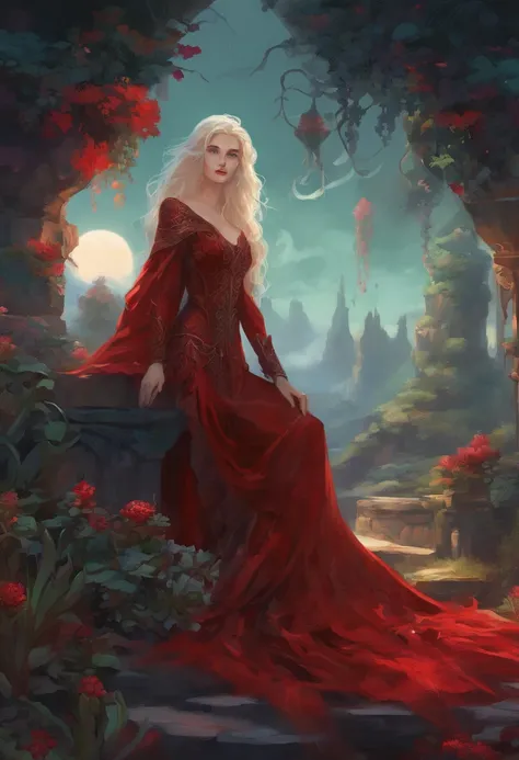 picture of a vampire woman resting in a (black:1.2) and (red:1.2) colored succulents meadow, full body, an exquisite beautiful (ultra detailed, Masterpiece, best quality: 1.4) female vampire woman, dynamic angle (best detailed, Masterpiece, best quality), ...