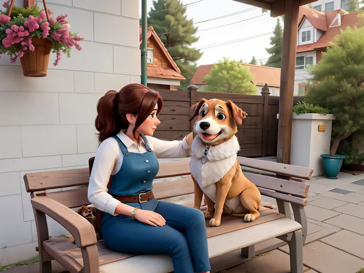 woman sitting on a bench with a dog on it, with dogs