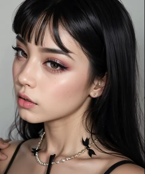 hay una mujer con un vestido negro y un collar, cruel korean goth girl, goth girl aesthetic, goth eyeliner, gothic aesthetic, pale goth beauty, Cabello negro Hime cortado, detailed face of a asian girl, Aspecto sensual, Goth makeup, asian features, Wear go...