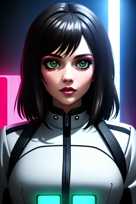 woman with glowing hair and green eyes, cyberpunk art, Android Jones, retrofuturism, depicted as a 3 d render, face icon, Cinematographic CG Society, Unreal engine : : rave makeup, Fashionable futuristic woman, Neon Cinematographer Margot Robbie, Anthropom...