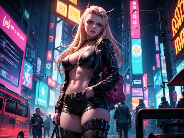 Transport Buffy, with enormous tits,  into a cyberpunk cityscape with neon-lit streets. Vampires, outlined in digital shadows, navigate the gritty metropolis, merging the cyberpunk vibe with the mysticism of the Buffy universe.