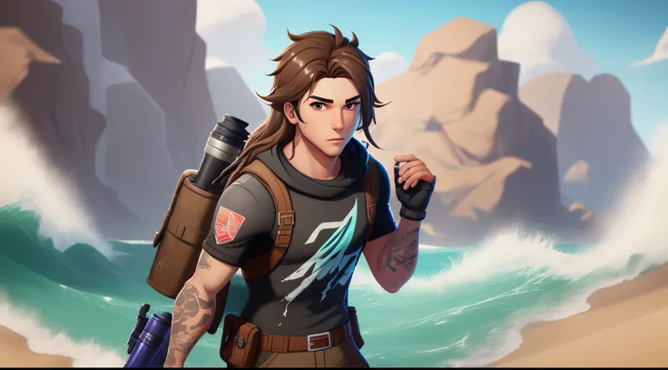 Fortnite skin: tan guy with long straight brown hair and brown eyes