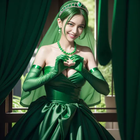 emerald tiara, Green Pearl Necklace, Boyish very short green hair, lipsticks, Japan woman smiling, very short short hair,  big breasts beautiful, Green eyes, Long green gloves made of satin material, Green eyes, Emerald Earrings, green vale, Heart with bot...