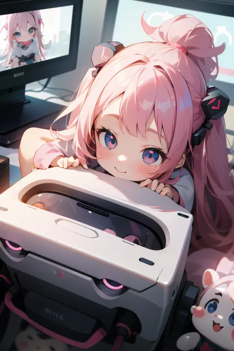 best qualtiy、1girl in、Baby face、A smile、cute little、kawaii eyes、personal computers，playing video game