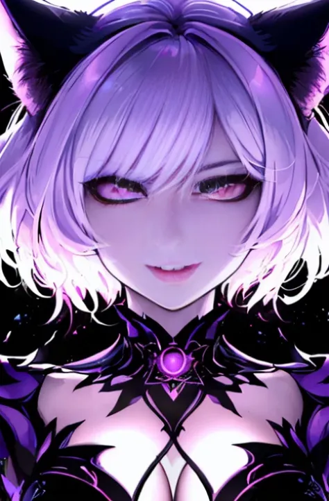 1woman, looking at viewer, ((Multiverse Goddess of Monsters)), Female, (Evil Goddess), evil face, Devilish Smile, (cat ears), ((purple eyes)), (short hair, beautiful hair and lush, silver hair, white hair), Goddess Long Dress, Thin, medium breasts, slim wa...