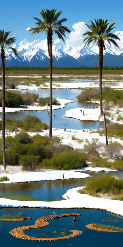 A Snowy mountain ridge with a swamp at the bottom, with some alligators hanging out next to some palm trees. With “gators in the mountains” in crazy font at the top.