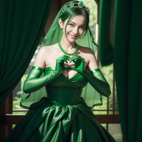 emerald tiara, Green Pearl Necklace, Boyish very short green hair, lipsticks, Japan woman smiling, very short short hair,  big breasts beautiful, Green eyes, Long green gloves made of satin material, Green eyes, Emerald Earrings, green vale, Heart with bot...