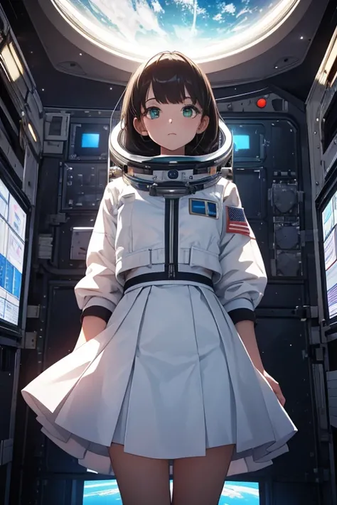 1 girl standing in space, space station, planet in background, white uniform with skirt, looking into distance, dark hair, beautiful face, beautiful green eyes, dark hair, high res, masterpiece