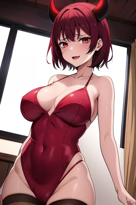 cute girl, A girl in the form of a devil, Devil horns, devil tail, red color, short hair, Red tight clothes، adult girl,Devil smile, Big chest, so sexy, hot, fire