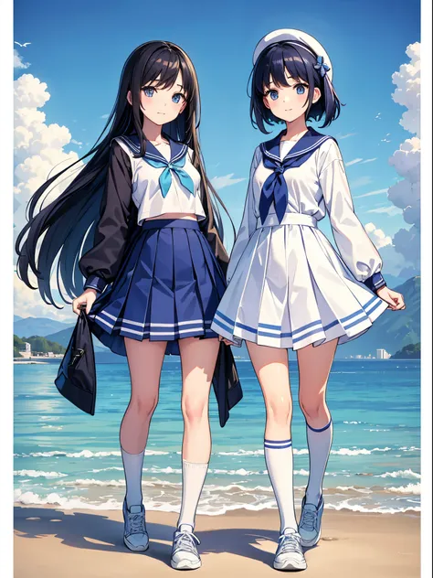 ((full body)),white background,(masterpiece, best quality), 2 girls, walking , ((w_arms )) open stance, wearing basic school sailor uniform, long-sleeve, blue_sailor-collar, blue pleated skirt,, blue bow, beauty bone, high-socks, sneakers,, long straight f...