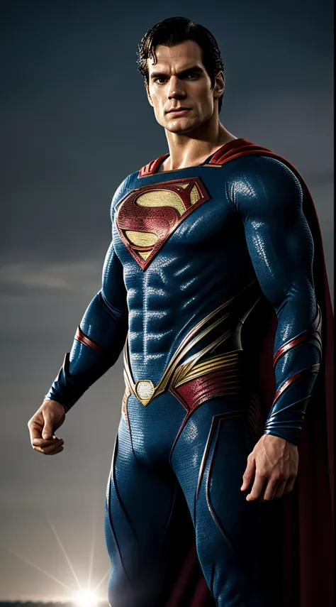 Superman, Henry Cavill as Superman, macho, tall, hunk, muscular, Superman suit, intricate details on the suit, best quality, masterpiece, serious face, ultra detailed suit, detailed face, powerful pose,  best quality, high resolution:1.2, night, dark atmos...