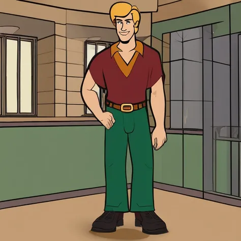 He is a young man with a rough, patchy goatee. His signature attire consists of a baggy green V-neck T-shirt, loose maroon or brown bell-bottom pants, and black shoes.

He is tall and thin with dirty blonde hair. He is not muscular. ,Scooby-Doo, Where Are ...