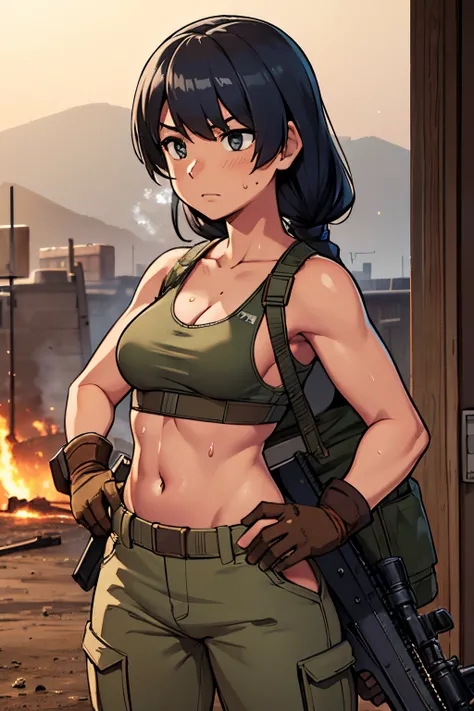 24 year old, Filipino Woman, tanned bronze skin, wearing USA marine corps uniform, fighting on the battlefield, strong muscles, world war, modern war theme, army girl, rifle, (holding a rifle: 1.3), (aiming and holding rifle: 1.3), soldier girl, infantry g...