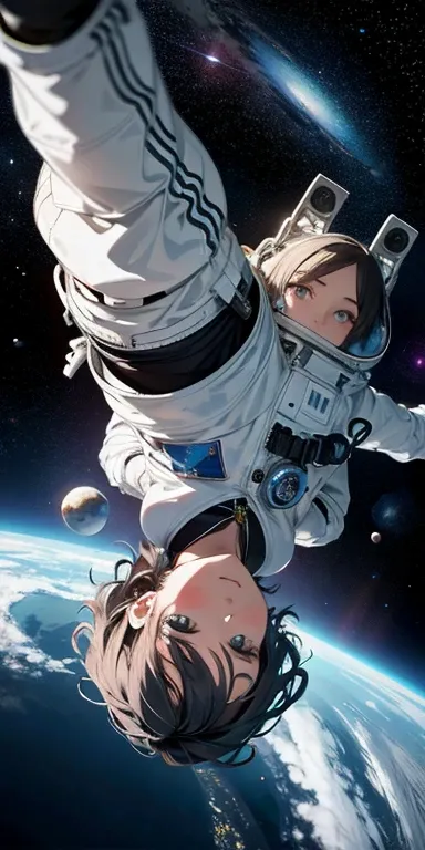 Absurd resolution, high resolution, (masterpiece:1.4), ultra-detailed, 1girl, in spacesuit and seen from above, space, floating, wide-angle lens distortion