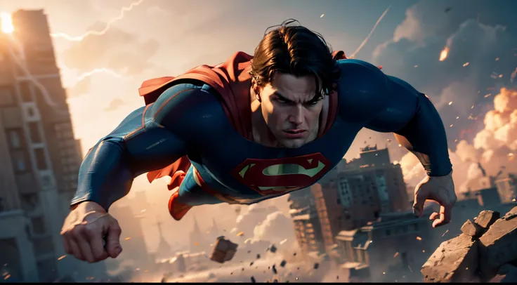 Illustrate Superman in action, using his super strength to try and halt the destructive machine. Show his determination and struggle against the powerful device, emphasizing the gravity of the situation, hyper realistic style , 8k, ultra hd, disney pixar s...