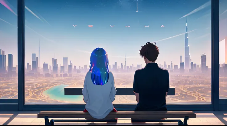 boyfriend and girlfriend from the back front of burj khalifa,stary,sky,city, boyfriend and girlfriend sitting on bench boy with the name YUVII write on clothe,girl with the name MEHAK write on clothe.8k view ,no blurry, realistic, beautiful view, holograph...