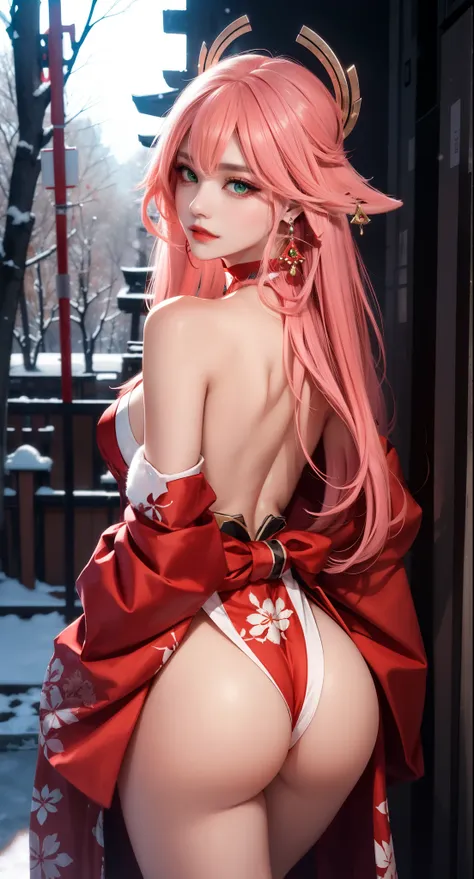 ((winter background)), ((Japan snowing forest background)), (((luminous background))), (turning back, (back shot), ass focus, brow front,:1.2), (Masterpiece, Excellent, 1girl, solo, complex details, color difference), realism, ((medium breath)), off-the-sh...