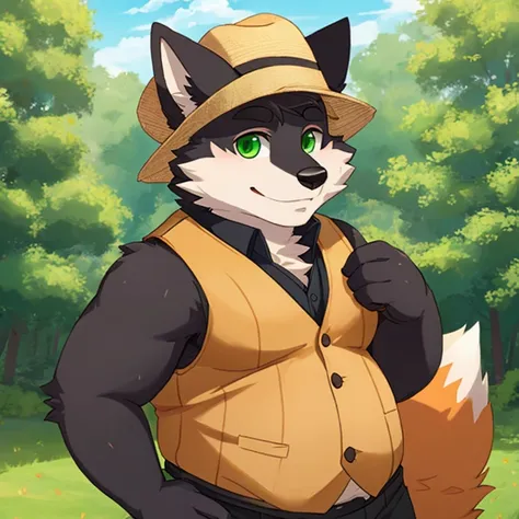 solo, fox, anthro, male, black fur, green eyes, chubby cheeks, wearing open vest, wearing boater hat, outdoors