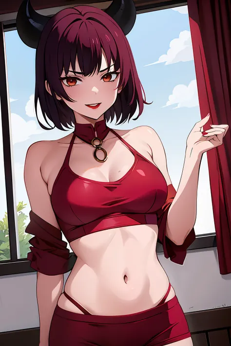 cute girl, A girl in the form of a devil, Devil horns, devil tail, red color, short hair, Red tight clothes، adult girl,Devil smile, Big chest, so sexy, hot, fire, Fiery colors, lipstick, beautiful girl, Fire in her hands