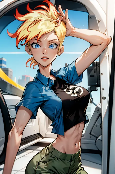 ((masterpiece, best quality)),(complex light),1girl, solo, portrait, jenny test,  blonde hair,blue eyes, pants, running, midriff, open shirt, tank top, short hair, short sleeves shirt, long hair, looking at the viewer, running