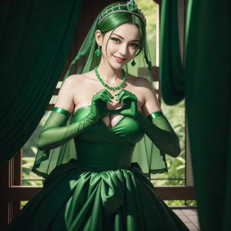 emerald tiara, Green Pearl Necklace, Boyish very short green hair, lipsticks, Japan woman smiling, very short short hair, big breasts beautiful, Green eyes, Long green gloves made of satin material, Green eyes, Emerald Earrings, green vale, Heart with both...