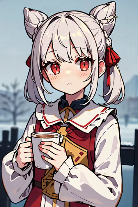 (masterpiece), (best quality), (highly detailed), 1girl, solo, red eyes, holding, disposable cup, looking at viewer, holding cup, outdoors, snow, long sleeves, bangs, cup, coffee cup, tree, closed mouth, bare tree, fur trim, hair between eyes, ribbon, open...