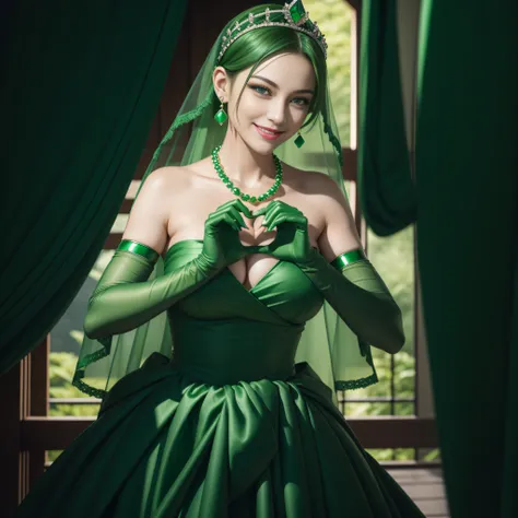 emerald tiara, Green Pearl Necklace, Boyish very short green hair, lipsticks, Japan woman smiling, very short short hair, big breasts beautiful, Green eyes, Long green gloves made of satin material, Green eyes, Emerald Earrings, green vale, Heart with both...