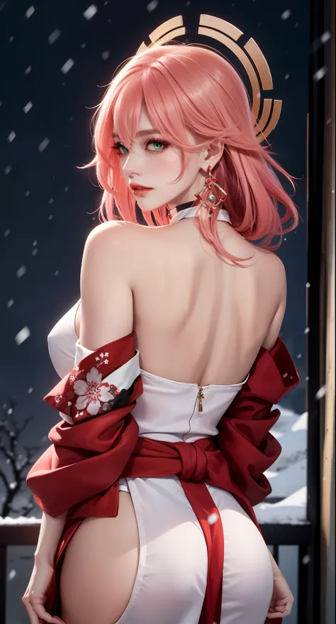 ((winter background)), ((Japan snowing background)), (((luminous background))), (turning back, (back shot), ass focus, brow front,:1.2), (Masterpiece, Excellent, 1girl, solo, complex details, color difference), realism, ((medium breath)), off-the-shoulders...