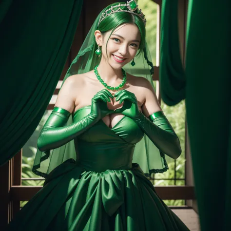 emerald tiara, Green Pearl Necklace, Boyish very short green hair, lipsticks, Japan woman smiling, very short short hair, big breasts beautiful, Green eyes, Long green gloves made of satin material, Green eyes, Emerald Earrings, green vale, Heart with both...