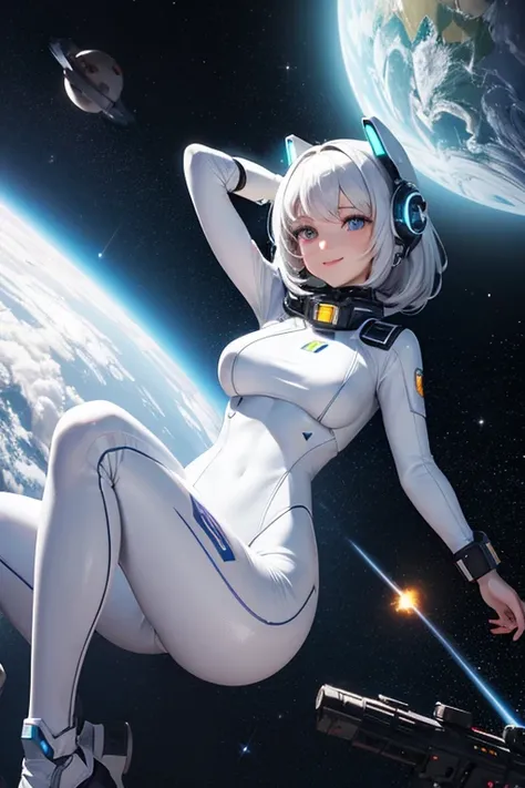 cyber girl in space, white body suit, sci-fi, perfect body, dark hair, smiling, beautiful eyes, detailed, masterpiece, high res, high quality, planets, stars