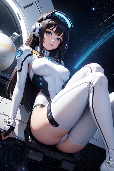 cyber girl in space, white body suit, sci-fi, perfect body, dark hair, smiling, beautiful eyes, detailed, masterpiece, high res, high quality, planets, stars