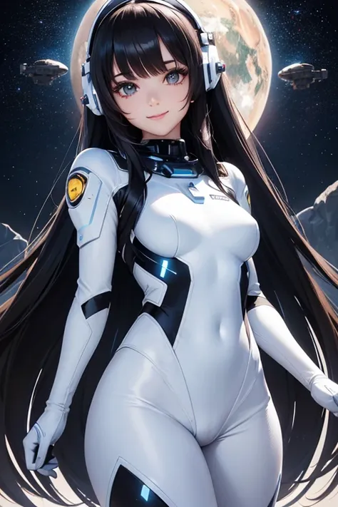 cyber girl in space, white and black body suit, sci-fi, perfect body, dark hair, smiling, beautiful eyes, detailed, masterpiece, high res, high quality, planets, stars