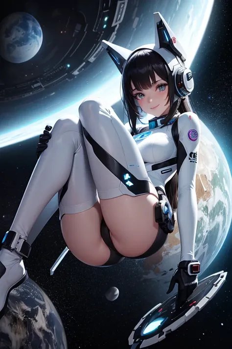 cyber girl in space, white and black body suit, sci-fi, perfect body, bare legs, dark hair, smiling, beautiful eyes, detailed, masterpiece, high res, high quality, planets, stars