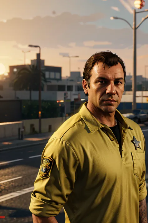 Sheriff from the game gta v, sunrise behind him, yellow-orange light from the sun.