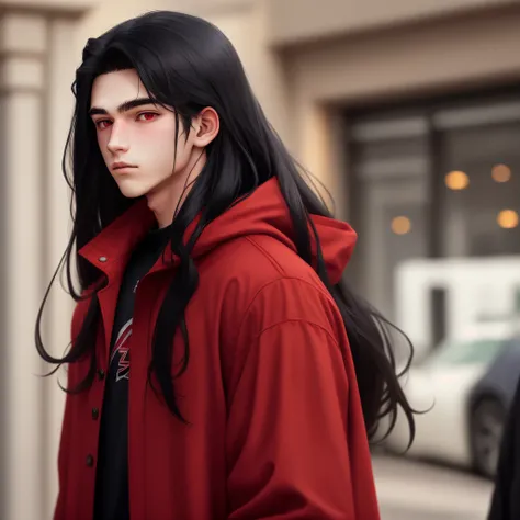 American Teenage male with red eyes and long black hair
Wearing a red coat and black shirt