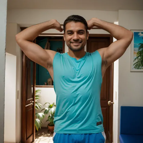 Um homem na casa dos seus 30 e poucos anos, usando uma camiseta azul escura, cabelos e olhos castanhos, arms raised and fists clenched as if celebrating a victory, sorrindo discretamente, seen from the waist up looking at the camera, no fundo uma parede ve...